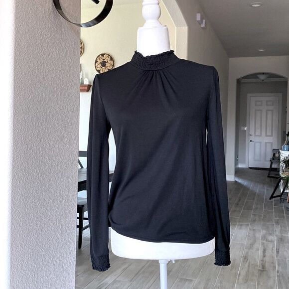 J. Crew Black Mocked Ruffled Neck Long Sleeves Ruffled XXS NWOT - Picture 1 of 9